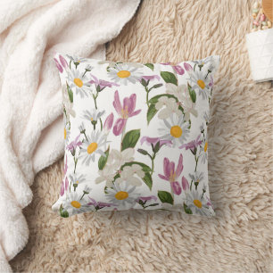 Pink violet tropical daisy and lily wildflowers throw pillow