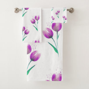 Pink Violet Tulips Watercolor Pattern Bath Towel Set