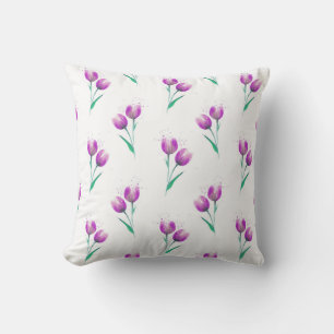 Pink Violet Tulips Watercolor Pattern Throw Pillow