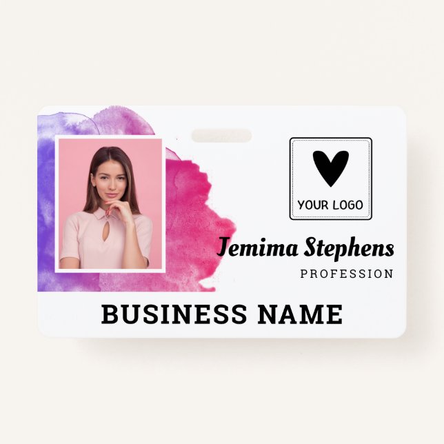 Pink Violet Watercolor Add Your Logo Employee Badge (Front)