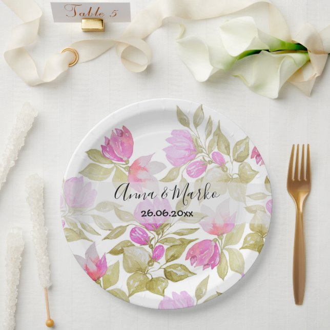 Pink Violet Watercolor Flowers Hand-painted Paper Plate (Wedding)