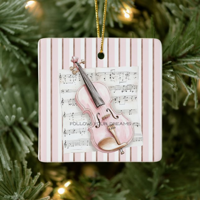 Pink Violin Music Sheet Ceramic Ornament (Tree)