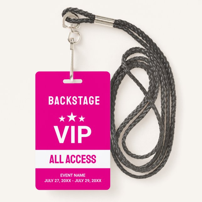 Pink VIP Backstage All Access Pass ID Badge (Front with Lanyard)