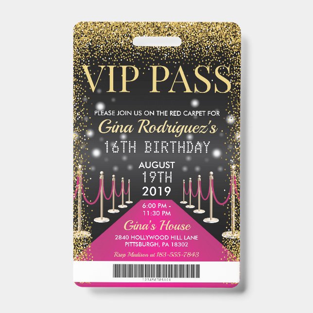 Pink VIP Pass Hollywood Red Carpet Birthday Badge (Front)