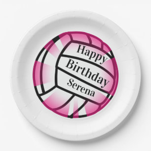 Pink Volleyball Happy Birthday Custom Paper Party Plate