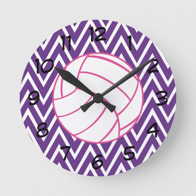 Pink Volleyball Purple Chevron Zigzag Wall Clock (Front)