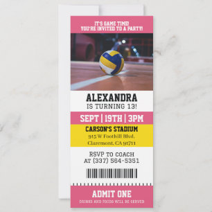 Pink Volleyball Ticket Birthday Party Invitation