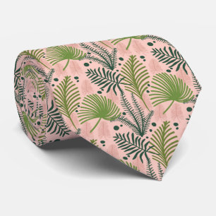 Pink w/Light and Dark Green Tropical Leaf Tie