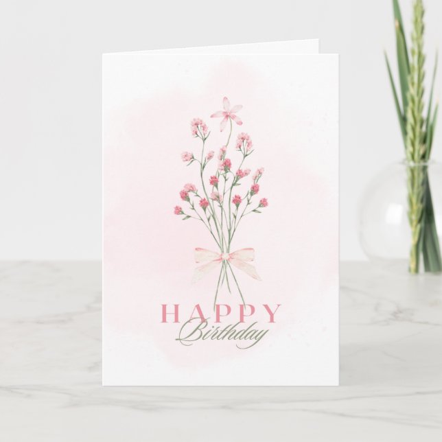Pink wash background, pink flowers Birthday card (Front)