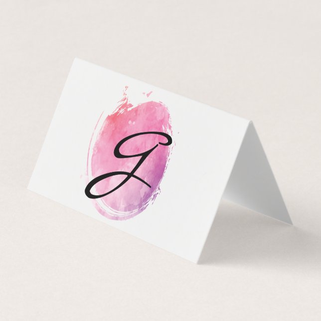 Pink Water Colour Monogram Fancy Text Business Card (Front)