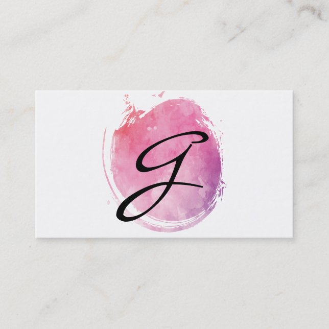 Pink Water Colour Monogram Fancy Text Business Card (Front)