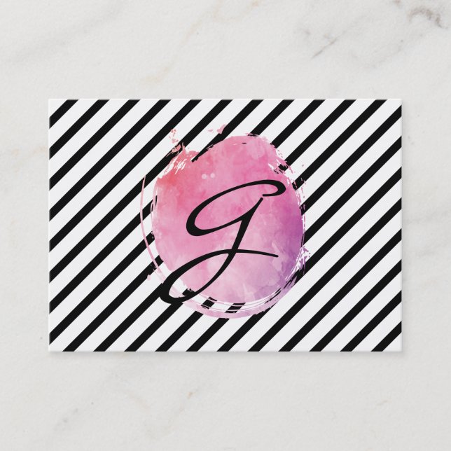 Pink Water Colour Monogram Fancy Text Stripes Business Card (Front)