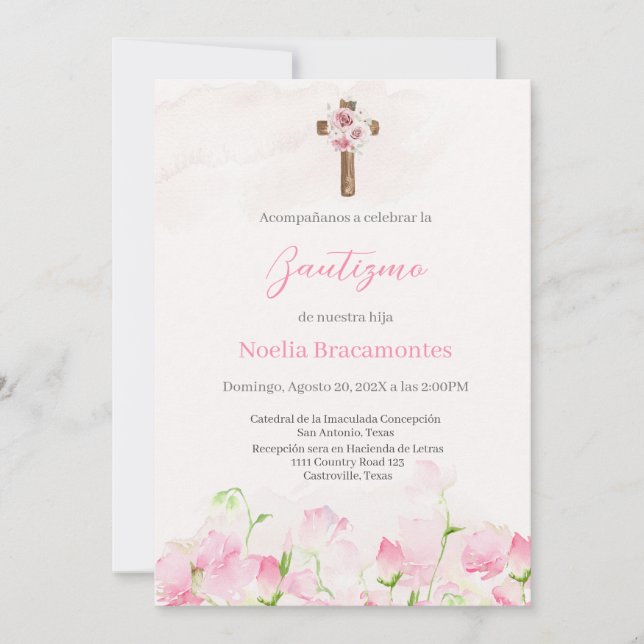 Pink water coloured flower invitation in spanish  (Front)