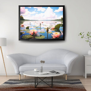 Pink Water Flowers and Sky on Reflective Lake Canvas Print