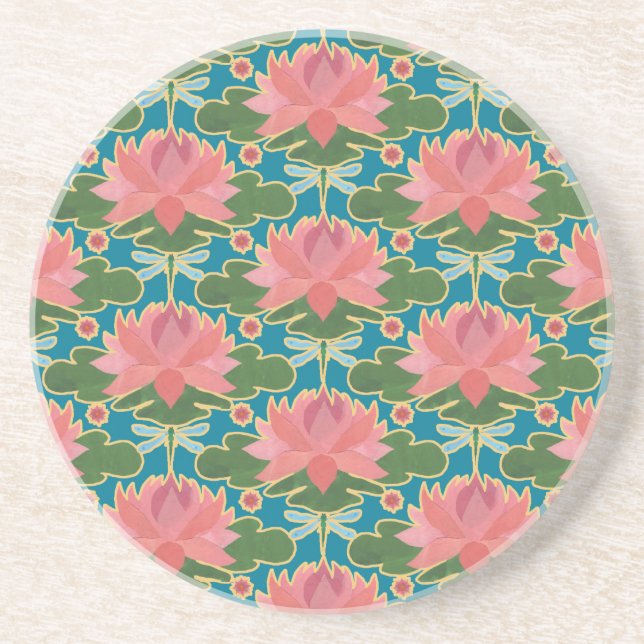Pink Water Lilies and Dragonflies Drinks Coaster (Front)