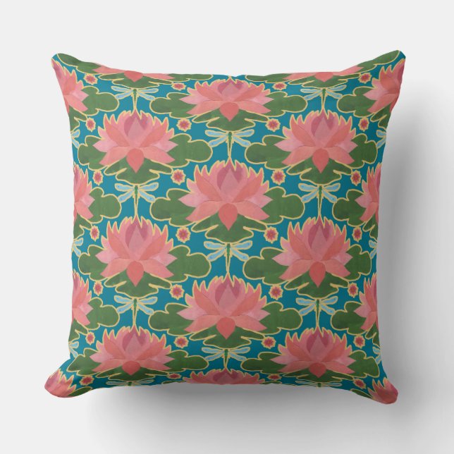 Pink Water Lilies and Dragonflies Pillow, Cushion (Front)