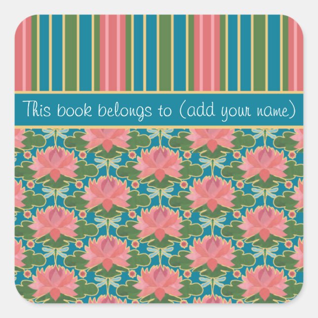 Pink Water Lilies, Dragonflies, Custom Bookplates Square Sticker (Front)