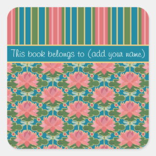 Pink Water Lilies, Dragonflies, Custom Bookplates Square Sticker
