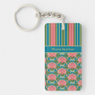 Pink Water Lilies, Dragonflies, Custom Keychain
