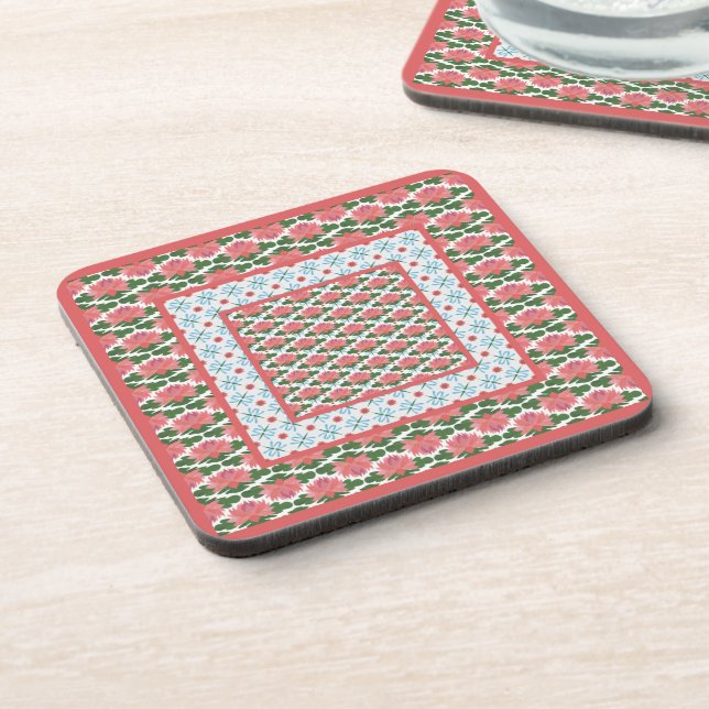 Pink Water Lilies, Dragonflies: Set of Coasters (Left Side)