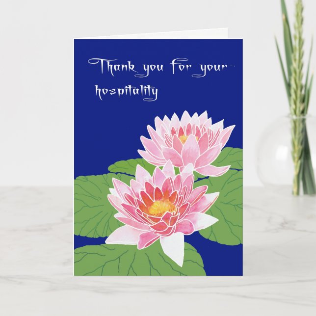 Pink Water Lilies on Blue Thanks for Hospitality Thank You Card (Front)