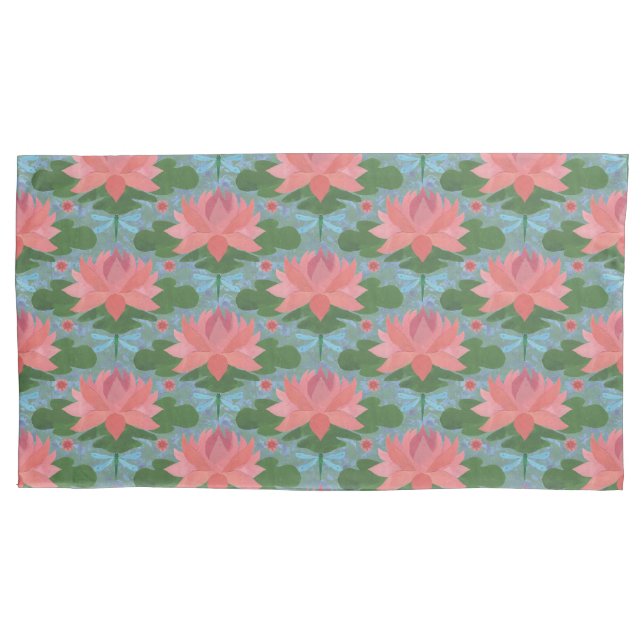 Pink Water Lilies, Pale Blue Dragonflies on Blue Pillowcase (Front-Left)