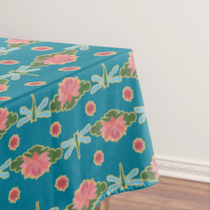 Pink Water Lilies Pale Blue Dragonflies Teal Tablecloth