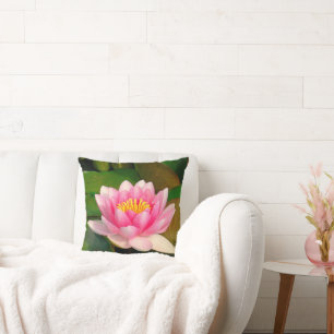 PINK WATER LILY AMONG LILY PADS THROW PILLOW