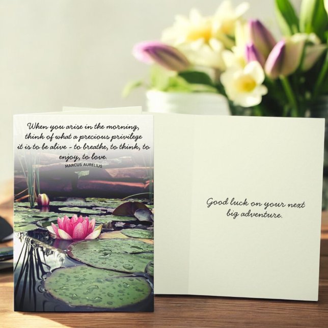 Pink Water Lily and Lily Pads Photo Personalized Card (water lily photo greeting card cover template and inside greeting.)