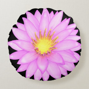 Pink Water Lily Flower on Black Round Pillow