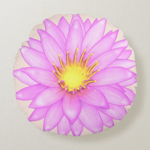 Pink Water Lily Flower on Light Beige Round Pillow