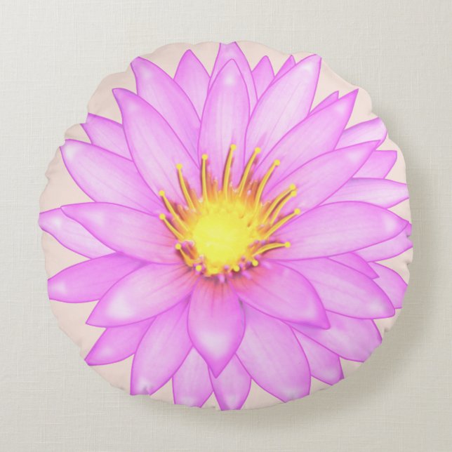 Pink Water Lily Flower on Light Beige Round Pillow (Front)