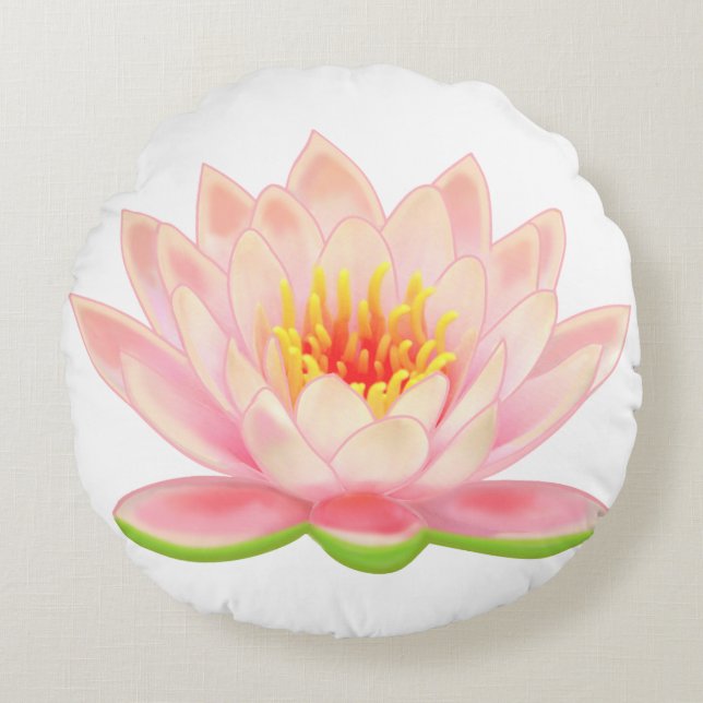 Pink Water Lily Flower Round on White Pillow (Front)