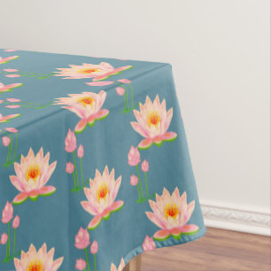 Pink Water Lily Flowers on Blue Tablecloth