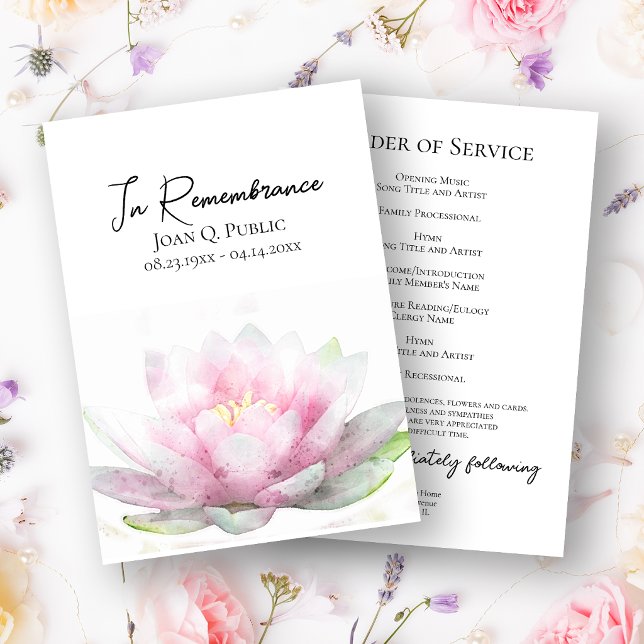 Pink Water Lily Funeral Memorial Service Program (Creator Uploaded)