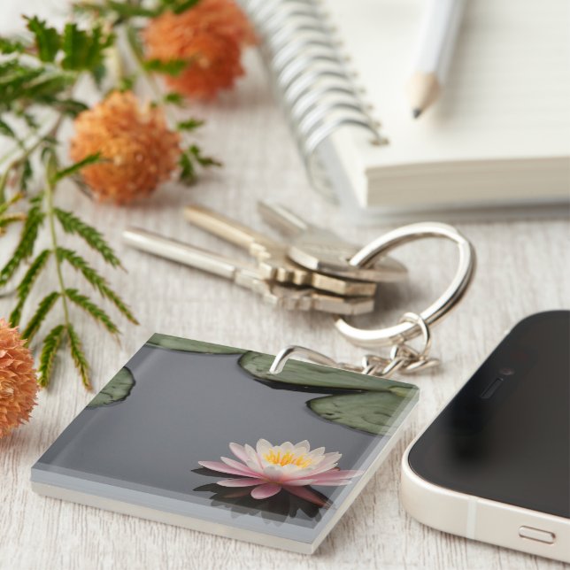 Pink Water Lily Photograph  Keychain (Front Right)