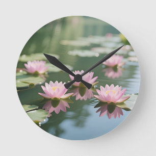 Pink Water Lily Pond Serenity Round Clock