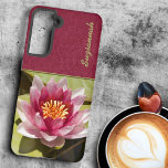 Pink Water Lily Samsung Galaxy Case<br><div class="desc">Share the delicate close up photograph of a single blooming pink water lily amongst lily pads on your case. Personalize the template text,  remove the text or edit using the design tool to select a font style, size,  and colour you prefer.</div>