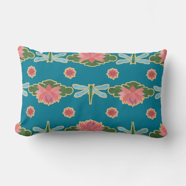 Pink Water Lys Dragonflies Lumbar Coussin (Recto)