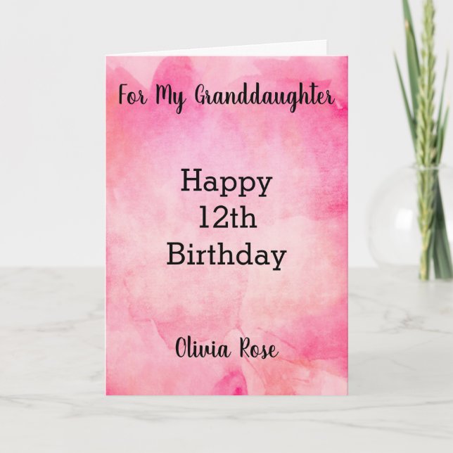 Pink Watercolor 12th Birthday Granddaughter Card (Front)