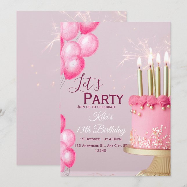 Pink Watercolor 13th Birthday Invite (Front/Back)