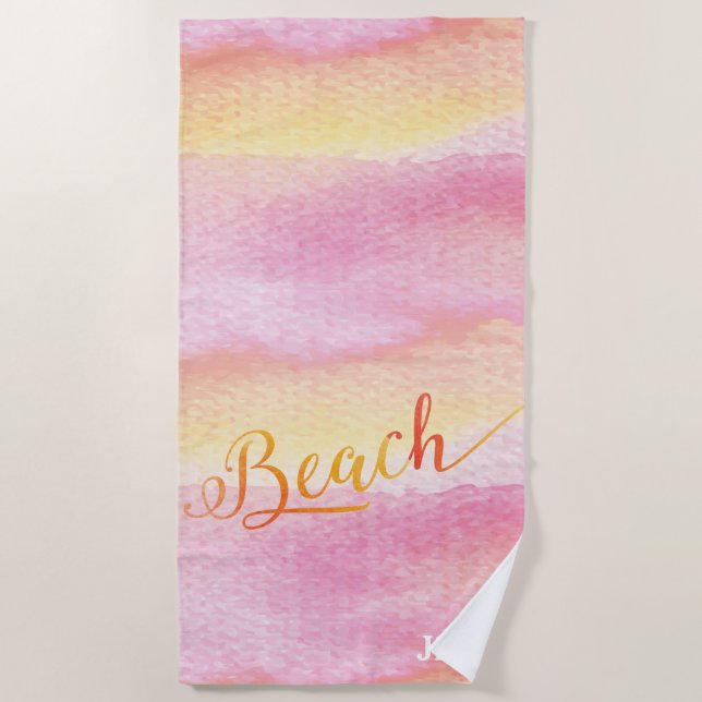Pink Watercolor Abstract  Beach Monogram Beach Towel (Front)