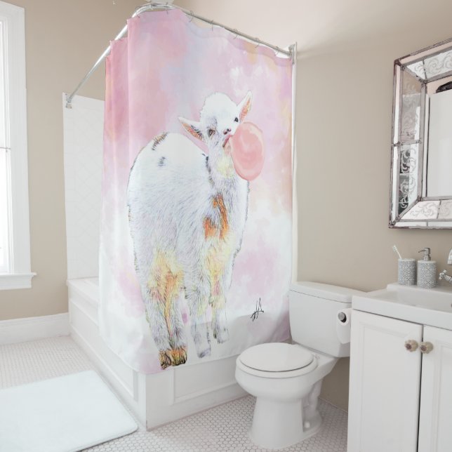 Pink Watercolor Adorable Baby Goat with Bubblegum (In Situ)