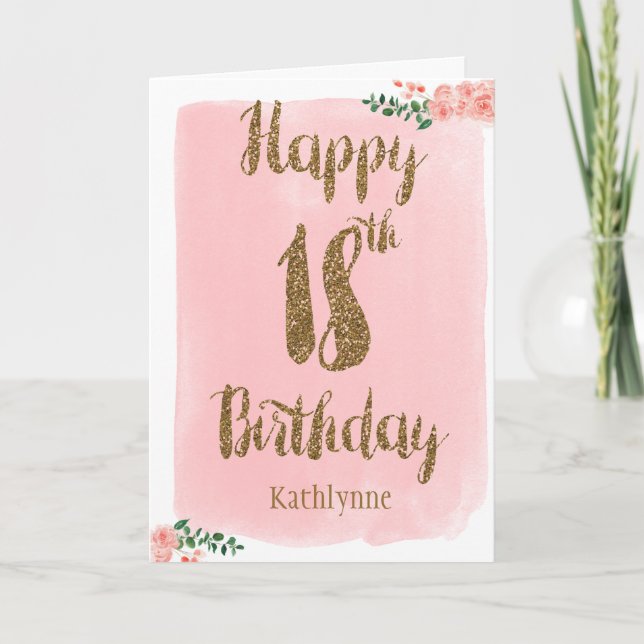 Pink Watercolor and Gold Glitter 18 Birthday Card (Front)