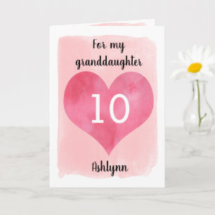 Pink Watercolor and Red Heart 10th Birthday Card