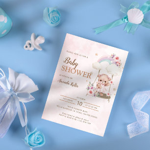 Pink Watercolor Baby Bear & Rainbow Baby Shower Invitation