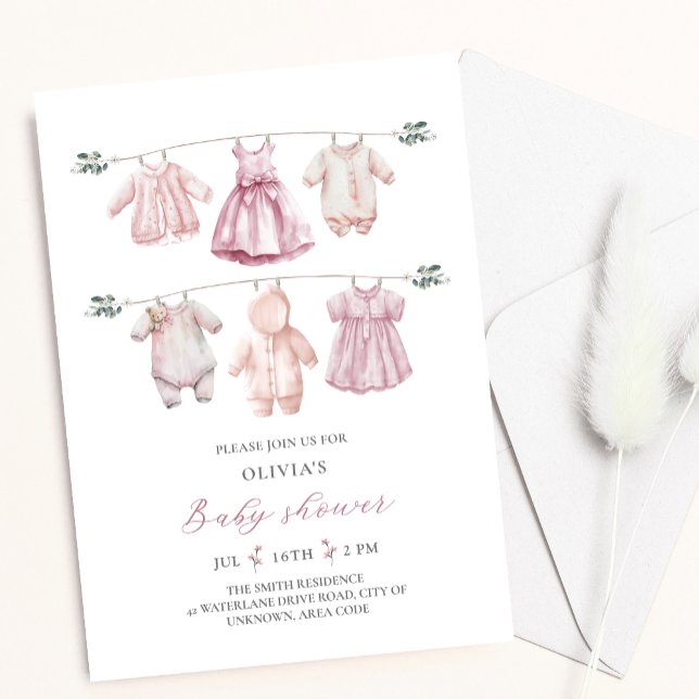 Pink Watercolor Baby Clothes Girl Baby Shower Invitation (Creator Uploaded)