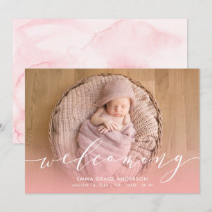 Pink Watercolor Baby Girl Birth Announcements