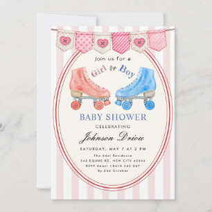 Pink Watercolor Baby Shower   Roller Skate Invitation