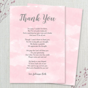 Pink watercolor Baby Shower Thank you note + poem Card